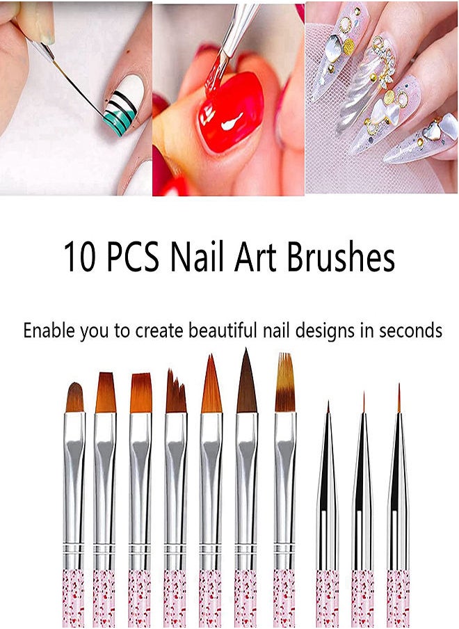 Nail Art Brush Set 10pcs Painting Drawing Pen Builder Flat Gradient Line UV Gel Acrylic Crystal Tips Design Nail Brushes Nail Art Design Painting Liner Pen Set Acrylic Nail Brush Kit