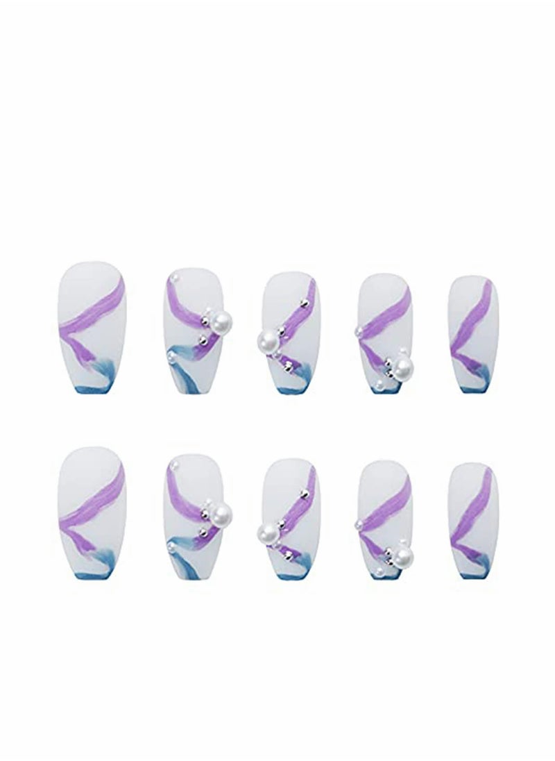 24PCS Press on Nails Medium Length French Tip Full Cover 3D Fake Coffin Nails Extension Tips for Women Girls Salons Nail Art Stickers and Decals Accessories DIY Nail Art (Pearl)