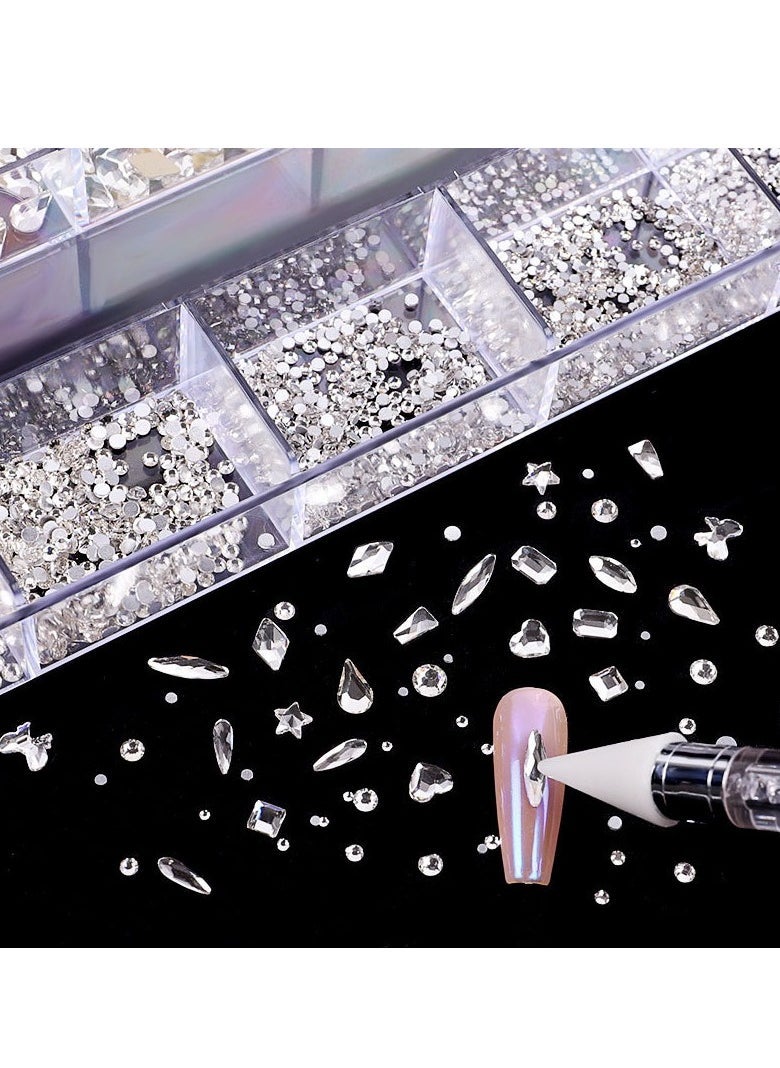 3100Pcs Professional Nail Rhinestones Kit with Wax Pen Multi Diamonds Shapes Crystal AB Rhinestones for Nail Art Craft Mix Sizes 3D Nail Gems Packaged in Storage Box Nail Art Supplies Accessories