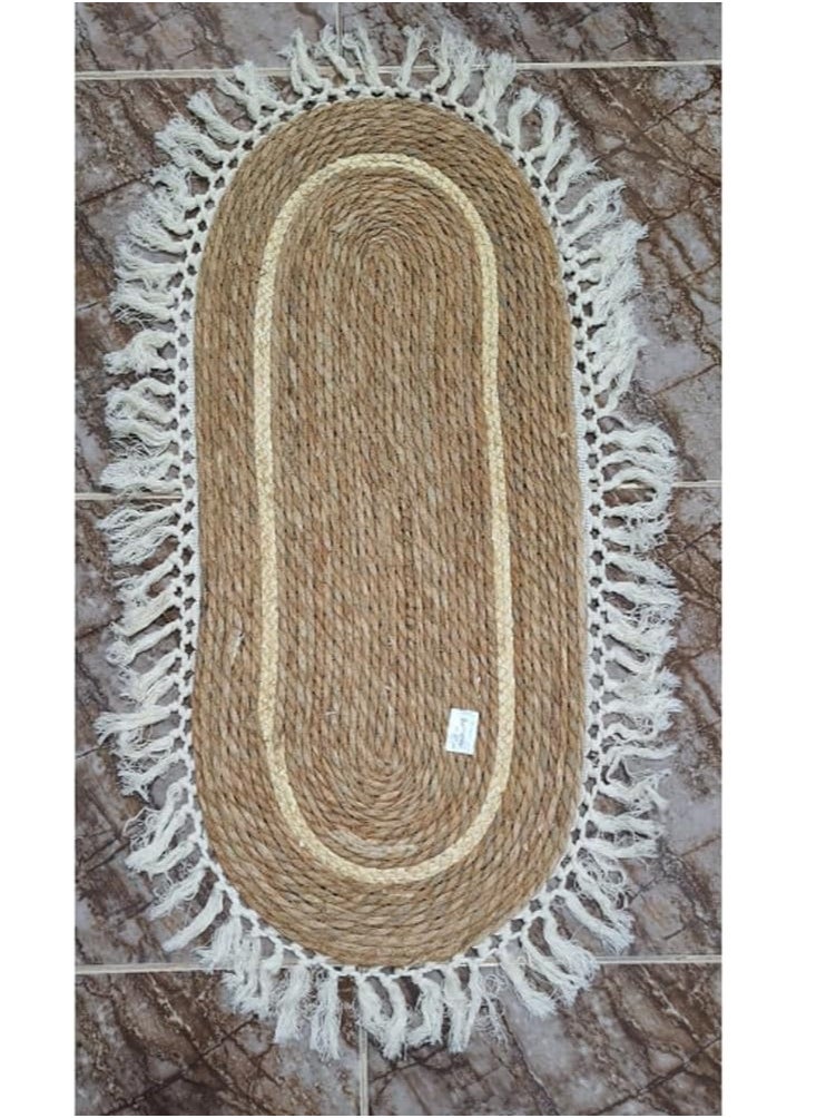 Jute Oval Rug with White Stripe Design – Eco-Friendly Natural Fiber Carpet, 100x35cm Rustic Farmhouse Style Area Rug/Runner for Living Room, Bedroom, Entryway, and Covered Door Entrances