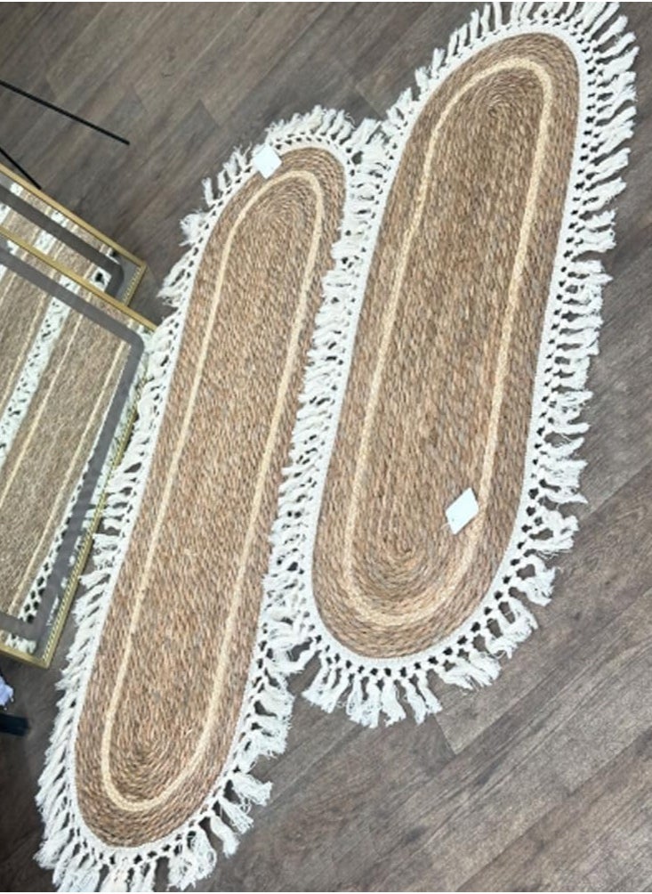 Jute Oval Rug with White Stripe Design – Eco-Friendly Natural Fiber Carpet, 100x35cm Rustic Farmhouse Style Area Rug/Runner for Living Room, Bedroom, Entryway, and Covered Door Entrances