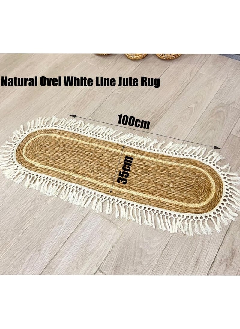 Jute Oval Rug with White Stripe Design – Eco-Friendly Natural Fiber Carpet, 100x35cm Rustic Farmhouse Style Area Rug/Runner for Living Room, Bedroom, Entryway, and Covered Door Entrances