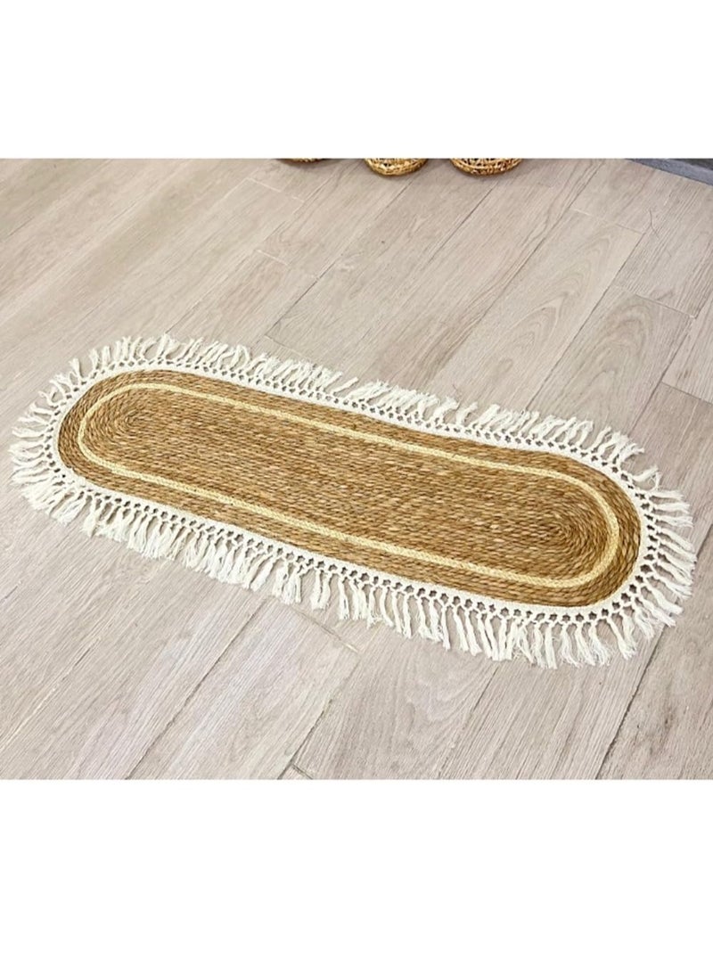 Jute Oval Rug with White Stripe Design – Eco-Friendly Natural Fiber Carpet, 100x35cm Rustic Farmhouse Style Area Rug/Runner for Living Room, Bedroom, Entryway, and Covered Door Entrances