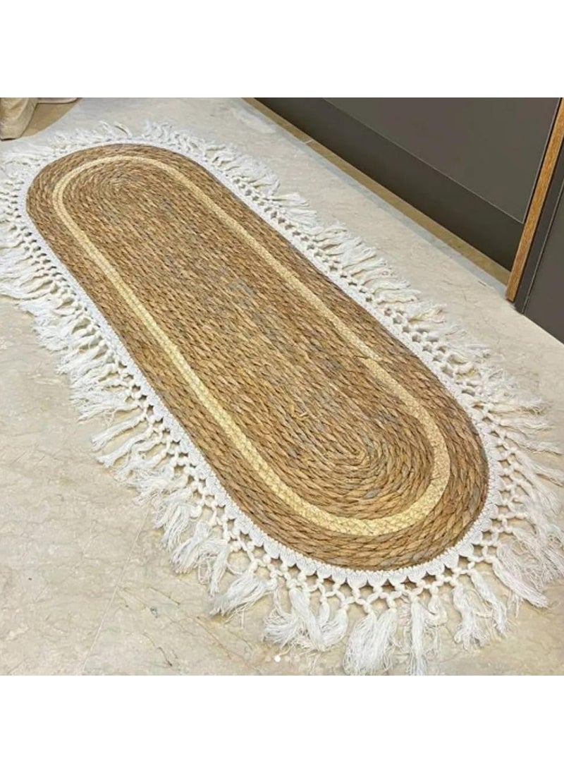 Jute Oval Rug with White Stripe Design – Eco-Friendly Natural Fiber Carpet, 100x35cm Rustic Farmhouse Style Area Rug/Runner for Living Room, Bedroom, Entryway, and Covered Door Entrances