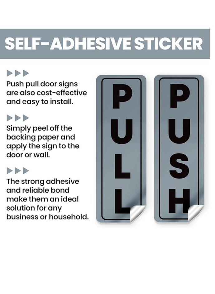 Push and Pull Door Sign Stickers for Restaurants, Bars, Hotel, Home, School, Coffee Shops - Self-Adhesive - Easy Installation, Vinyl - 60mm x 190mm (Silver), Set of 10