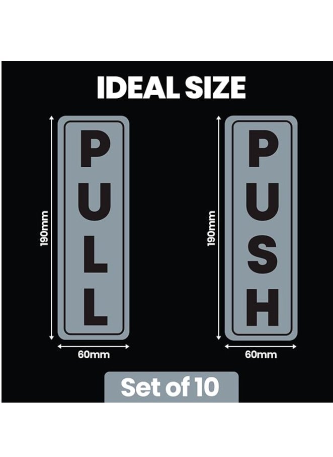 Push and Pull Door Sign Stickers for Restaurants, Bars, Hotel, Home, School, Coffee Shops - Self-Adhesive - Easy Installation, Vinyl - 60mm x 190mm (Silver), Set of 10