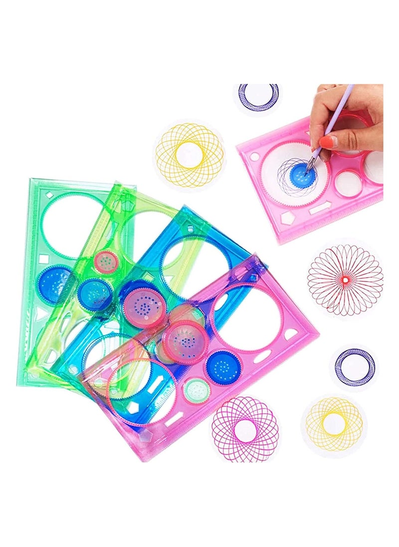 Magic Variety Flower Ruler SetMulti-Function Diy Magic Puzzle Gear SetSpiral Flower Interlocking Gear Toys for Kids ArtMandala Shape Stencil (4PCS)