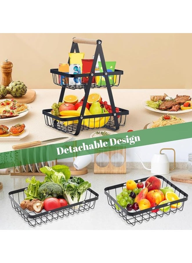 Fruit Basket for Kitchen Countertop,2-Tier Portable Metal Wire Storage Rack with Wooden Handle,Detachable Rectangle Basket for Kitchen Organizer Storage Bread, Snacks, Fruits, 2 Layer Black