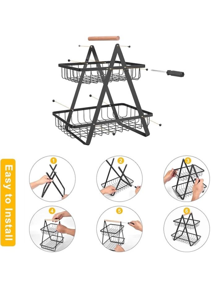 Fruit Basket for Kitchen Countertop,2-Tier Portable Metal Wire Storage Rack with Wooden Handle,Detachable Rectangle Basket for Kitchen Organizer Storage Bread, Snacks, Fruits, 2 Layer Black