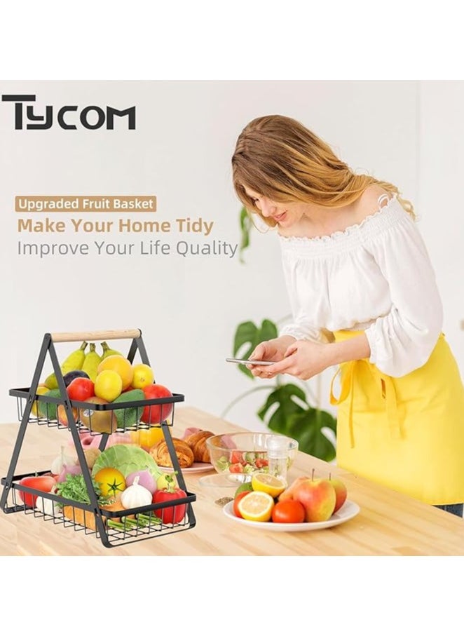 Fruit Basket for Kitchen Countertop,2-Tier Portable Metal Wire Storage Rack with Wooden Handle,Detachable Rectangle Basket for Kitchen Organizer Storage Bread, Snacks, Fruits, 2 Layer Black