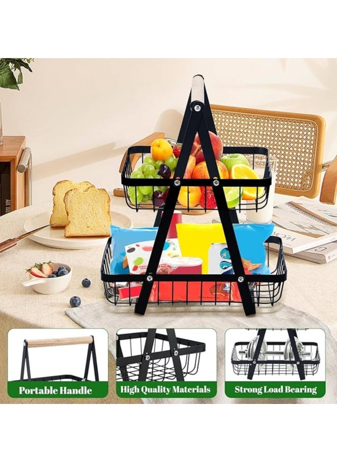 Fruit Basket for Kitchen Countertop,2-Tier Portable Metal Wire Storage Rack with Wooden Handle,Detachable Rectangle Basket for Kitchen Organizer Storage Bread, Snacks, Fruits, 2 Layer Black