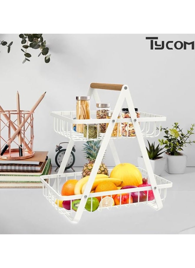 Fruit Basket for Kitchen Countertop,2-Tier Portable Metal Wire Storage Rack with Wooden Handle,Detachable Rectangle Basket for Kitchen Organizer Storage Bread, Snacks, Fruits, 2 Layer White.