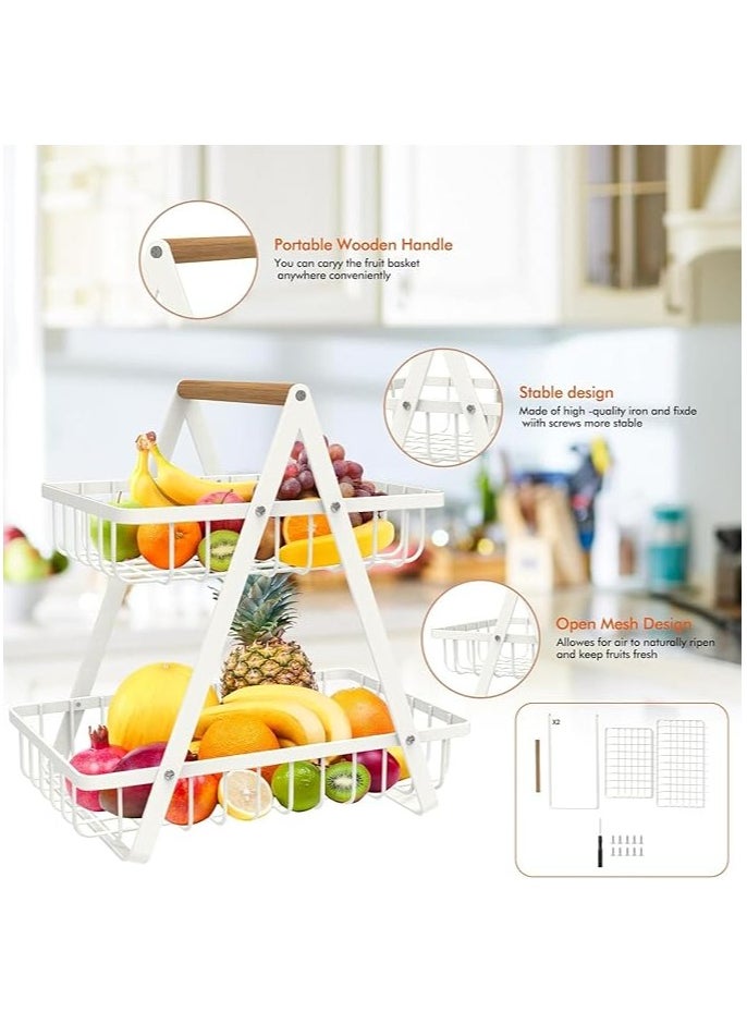 Fruit Basket for Kitchen Countertop,2-Tier Portable Metal Wire Storage Rack with Wooden Handle,Detachable Rectangle Basket for Kitchen Organizer Storage Bread, Snacks, Fruits, 2 Layer White.