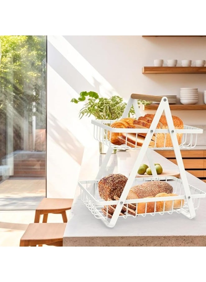 Fruit Basket for Kitchen Countertop,2-Tier Portable Metal Wire Storage Rack with Wooden Handle,Detachable Rectangle Basket for Kitchen Organizer Storage Bread, Snacks, Fruits, 2 Layer White.