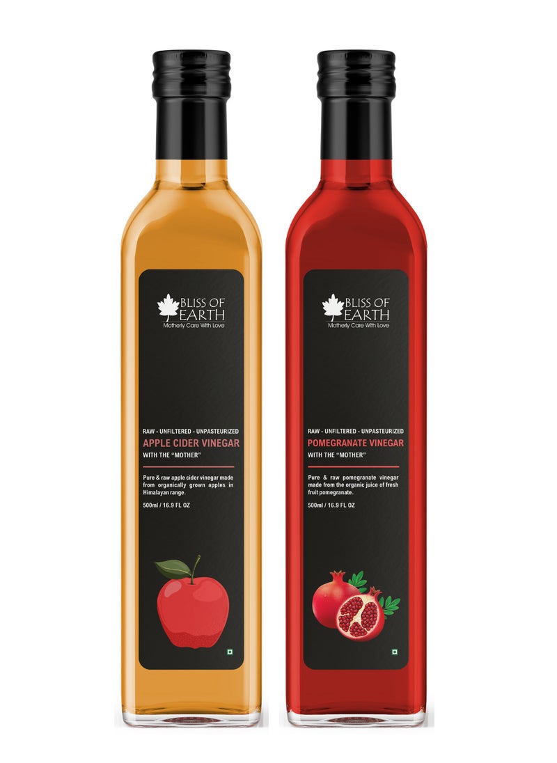 Organic Himalayan Apple Cider Vinegar & Pomegranate Vinegar With Mother of Vinegar Raw Unfiltered & Unpasteurized 500ml Each