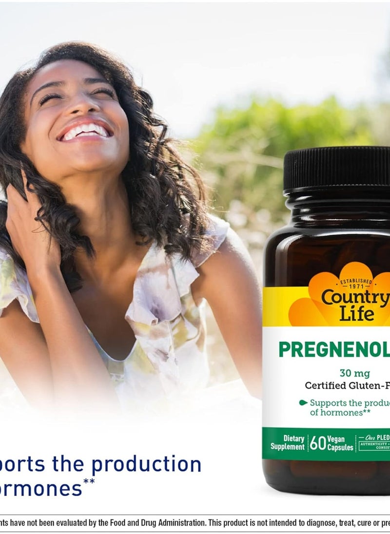 Country Life Pregnenolone, Supports Hormone Production, 30mg, 60 Vegan Capsules, Certified Gluten Free, Certified Vegan