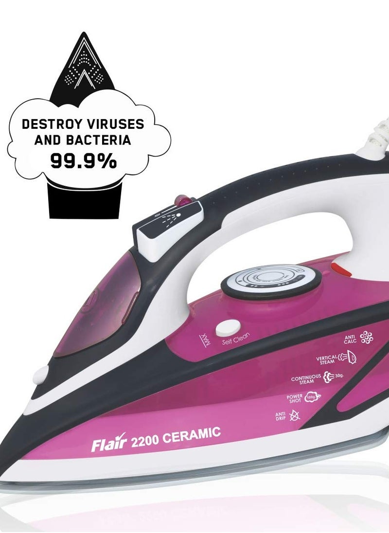 2200 W Steam Iron, Vertical Steaming, Anti-Calcium System, Ceramic Non-Stick Soleplate, Self-Cleaning, Anti-Drip, Rapid Heating, random color available