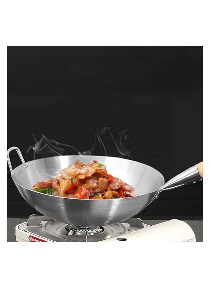 Stainless Steel Wok Pan Stir Fry Pan Deep Frying Wok Frying Skillet with Wooden Handle | 32cm