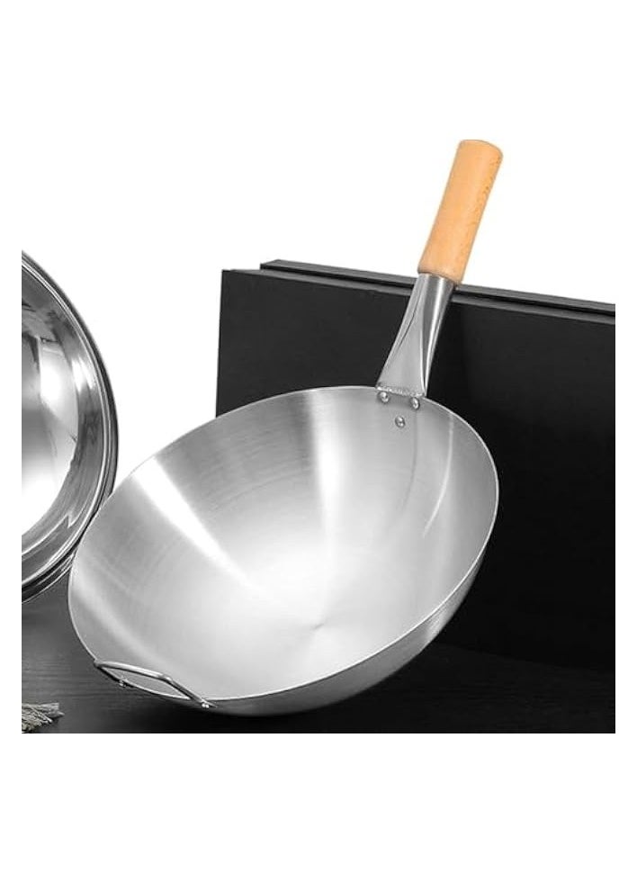 Stainless Steel Wok Pan Stir Fry Pan Deep Frying Wok Frying Skillet with Wooden Handle | 32cm