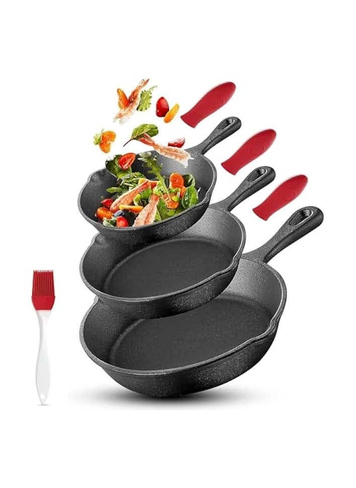 Cast Iron Skillet Set of 3 pcs, Best Heavy-Duty Cast Iron Frying Pans, Pre-Seasoned Non Stick Frying Pans- 10”, 8” & 6” with Silicone Handles & Oil Brush, Black Cast Iron Cookware