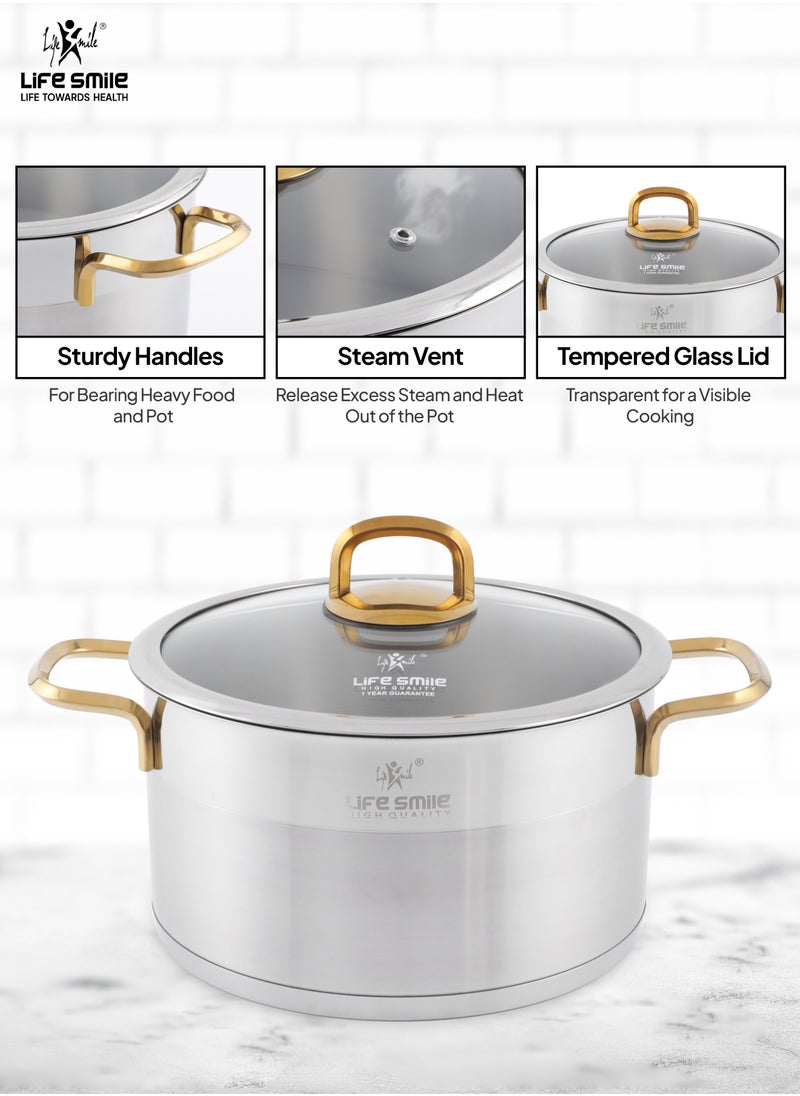 LIFE SMILE 24-Pieces Stainless Steel Cookware Set - Pure 18/10 Premium Stainless Steel Pots and Pans Set - Kitchen Set Compatible with All Stovetops Including Induction - Non-Toxic, 100% PFOA, PTFE & PFOS Free - Oven Safe (Gold)