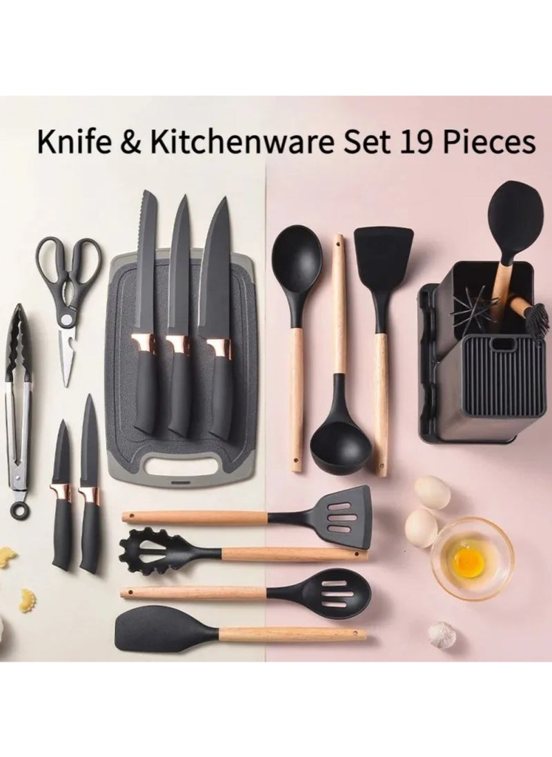 Kitcheware Utensil Set 19 Pcs Set of Silicon Kitchen Utensil with Wooden Handle and cutting Board, storage bucket