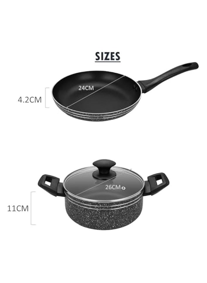 Non Stick Pack of 2 Frying Pan and Casserole with Lid Pressed Aluminium Dishwasher Safe, Strong and Durable PFOA Free frypan