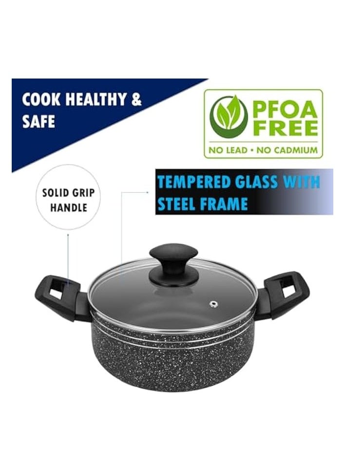 Non Stick Pack of 2 Frying Pan and Casserole with Lid Pressed Aluminium Dishwasher Safe, Strong and Durable PFOA Free frypan