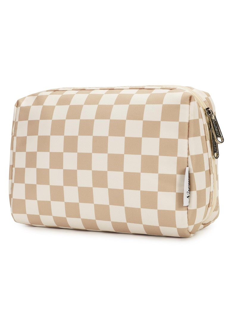 Narwey Checkered Makeup Bag Travel Cosmetic Bag Organizer Toiletry Bag Make Up Bags with Compartments for Women Girls (Large, Light Checkerboard)