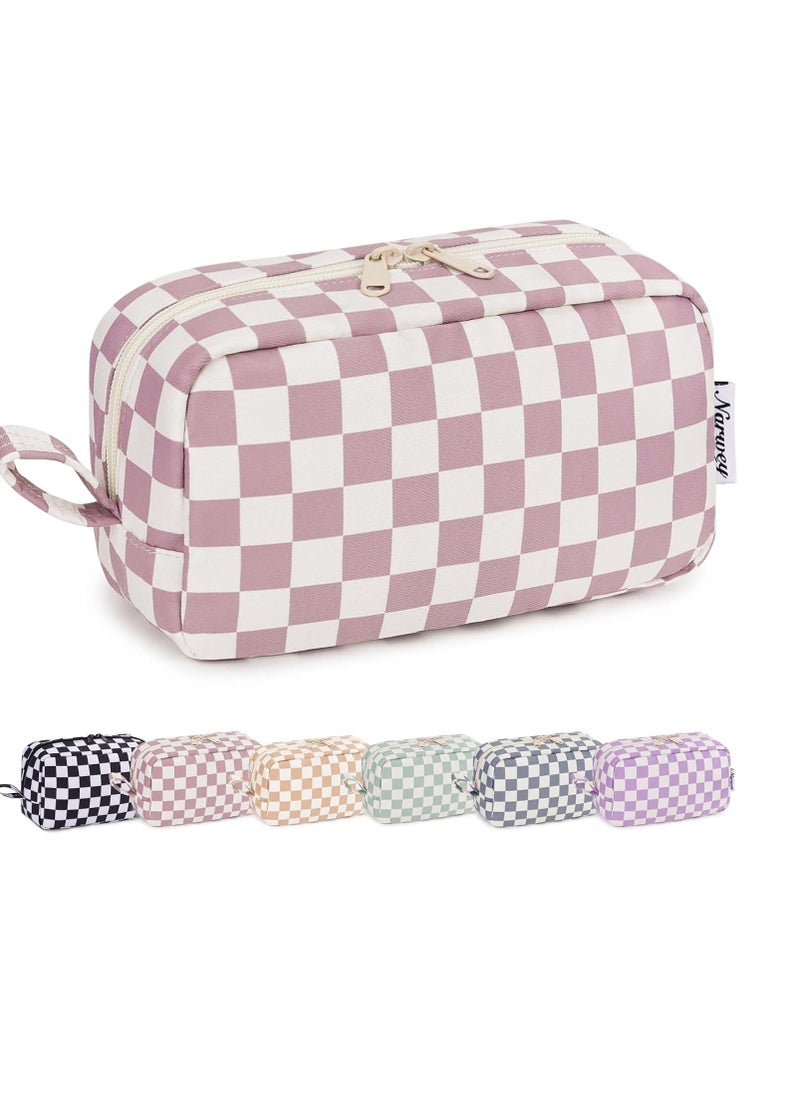 Narwey Checkered Makeup Bag Travel Cosmetic Bag Organizer Small Toiletry Bag Make Up Bags with Organized Pockets for Women (Dusty Rose Checkerboard, Large)