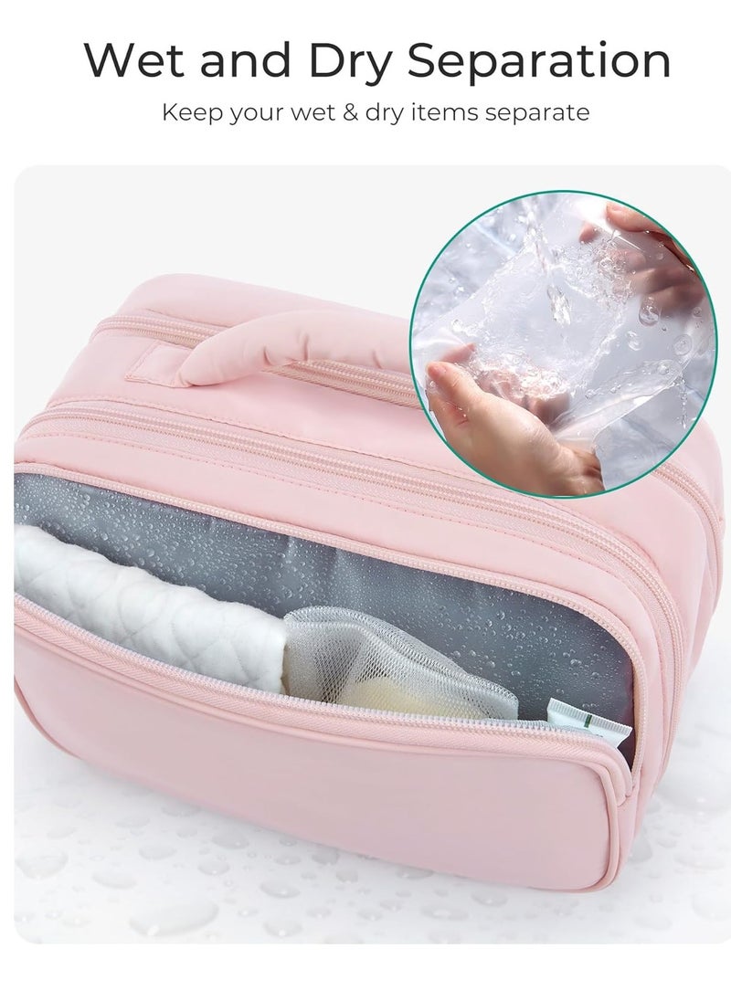 BAGSMART Toiletry Bag for Women, Travel Makeup Bag, Wide-open Portable Make Up Bag Organizer for Women for Travel Essentials Travel-Size Toiletries Accessories Bottles, Brushes, Beige