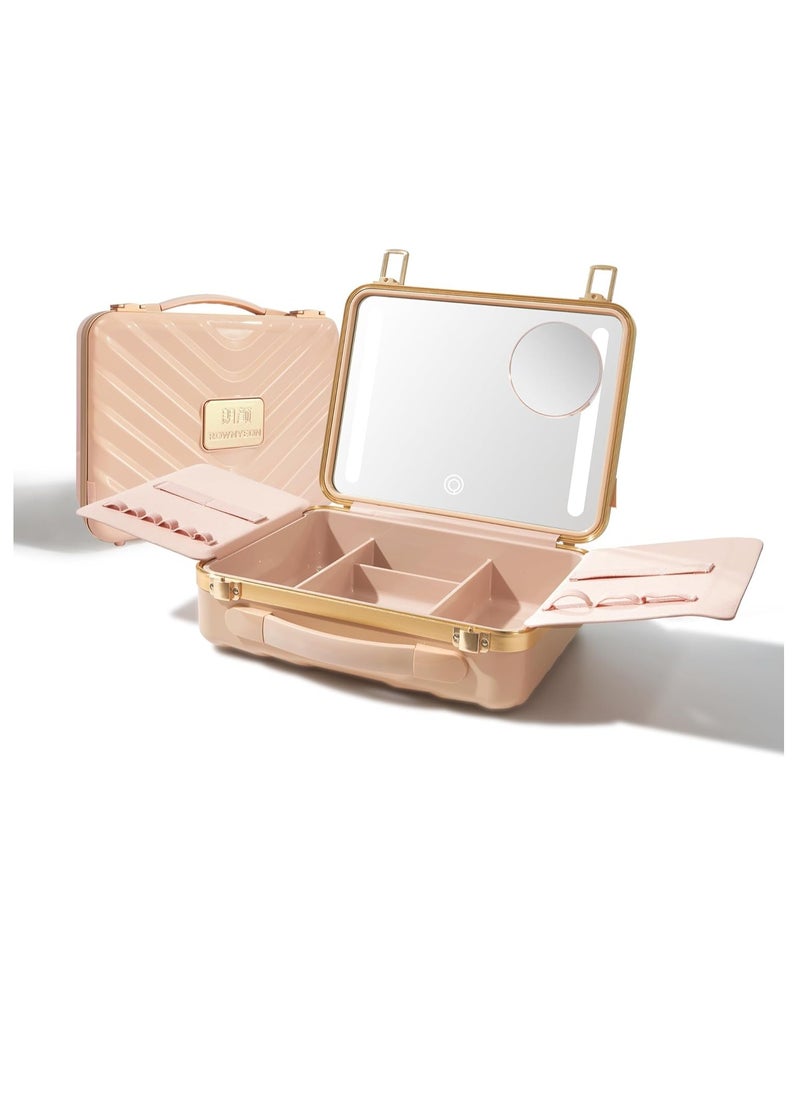 ROWNYEON Light Up Travel Makeup Case With Mirror - Portable Makeup Organizer and Train Case for Makeup Artists and Girls (Pink)