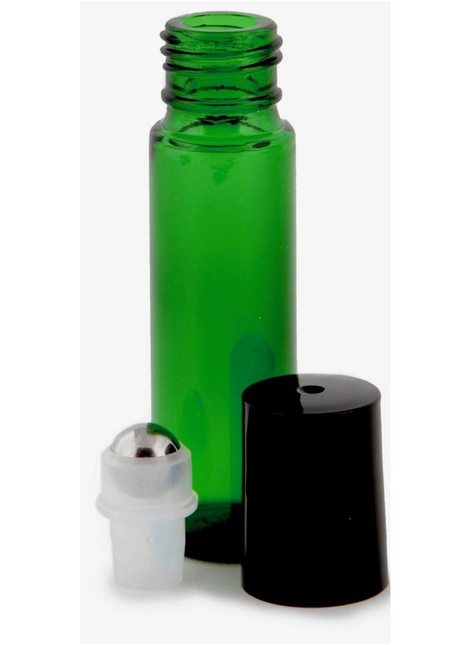 , 6, Green, 10 Ml Glass Roll-On Bottles With Stainless Steel Roller Balls - .5 Ml Dropper Included