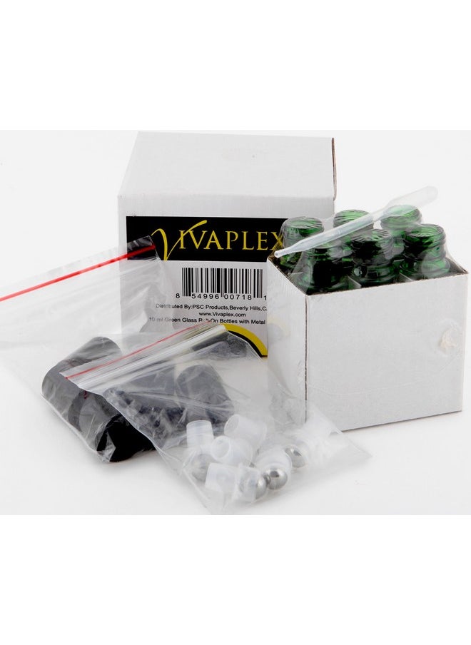 , 6, Green, 10 Ml Glass Roll-On Bottles With Stainless Steel Roller Balls - .5 Ml Dropper Included