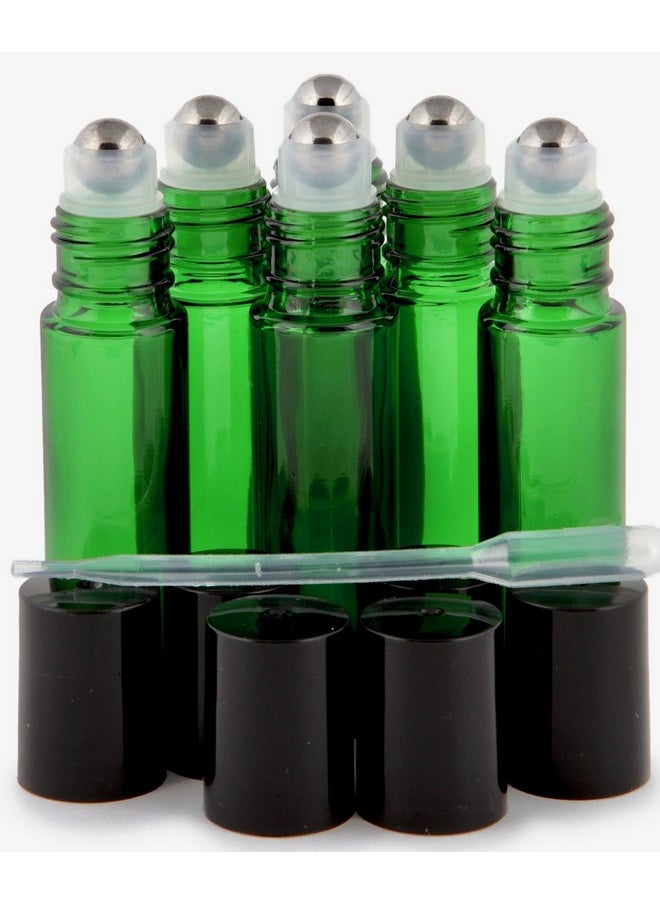 , 6, Green, 10 Ml Glass Roll-On Bottles With Stainless Steel Roller Balls - .5 Ml Dropper Included