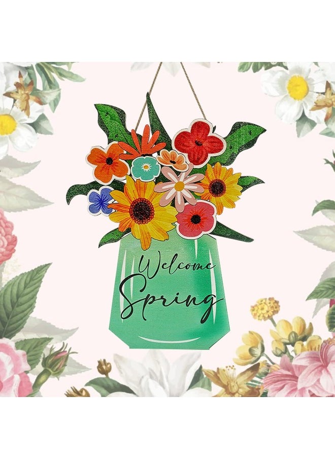 Spring Decor Welcome Door Signs, 12inches Wooden Rustic Board Hanging Door, Spring Wreaths for Front Door Outside, Front Door Decorations Hanging Welcome Spring Sign