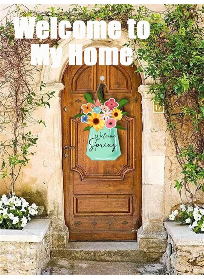 Spring Decor Welcome Door Signs, 12inches Wooden Rustic Board Hanging Door, Spring Wreaths for Front Door Outside, Front Door Decorations Hanging Welcome Spring Sign