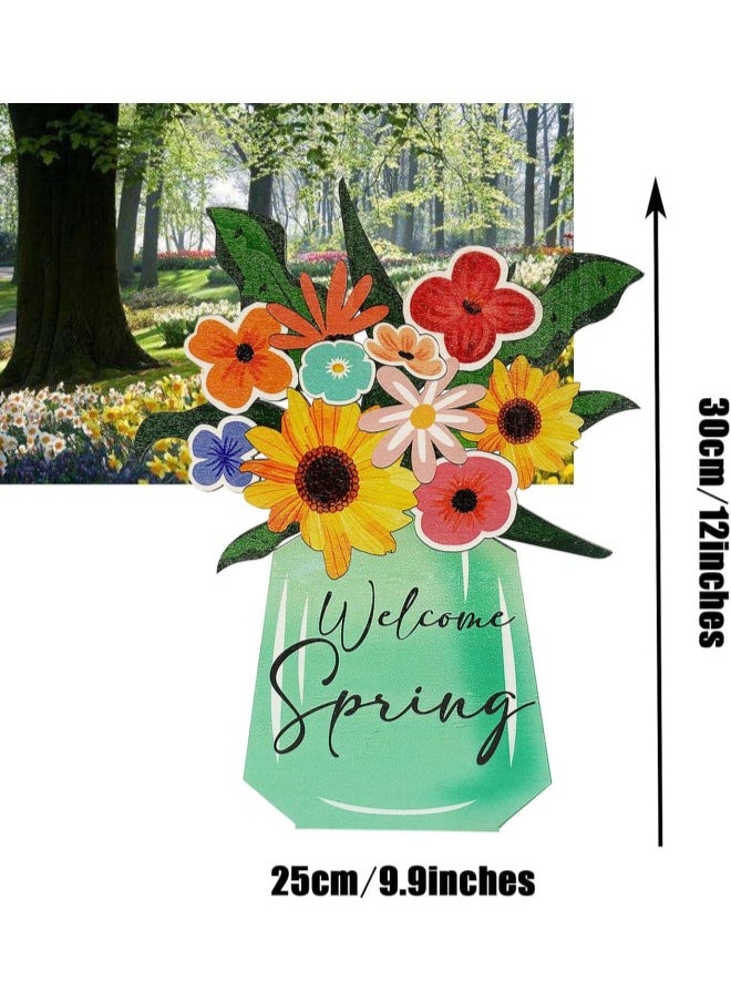 Spring Decor Welcome Door Signs, 12inches Wooden Rustic Board Hanging Door, Spring Wreaths for Front Door Outside, Front Door Decorations Hanging Welcome Spring Sign