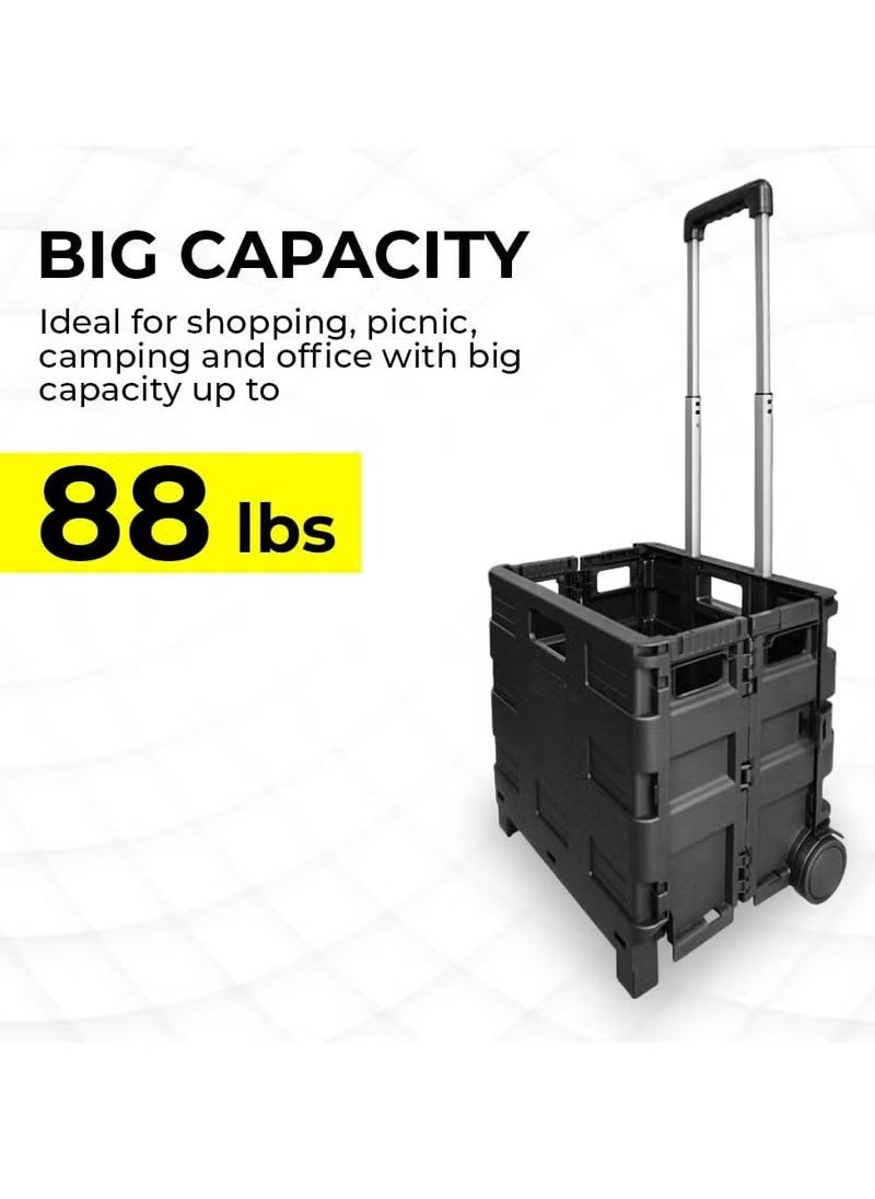 Berry 40L Foldable Shopping Trolley - Black, Portable Plastic Cart with Telescopic Handle & 2 Wheels, Multipurpose Utility Cart for Shopping, Laundry