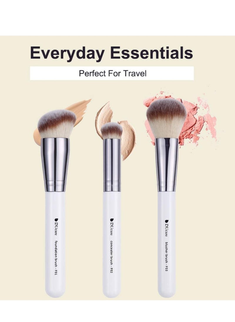 DUcare Makeup Brushes 3Pcs Foundation Contour Brush& Concealer Brush& Blusher Brush Face Kabuki Blush Bronzer Travel Buffing Stippling Contour Liquid Blending Makeup brush set White