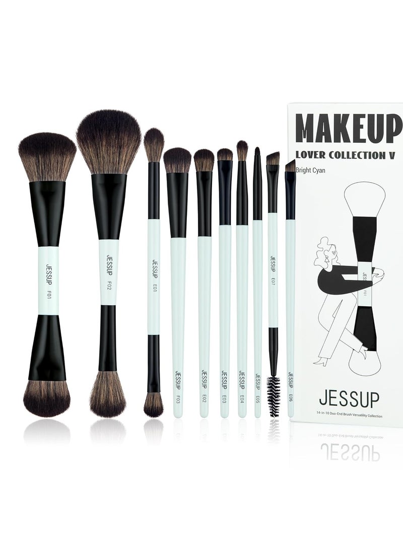 Jessup Makeup Brushes Set 10pcs, Double Sided Foundation Contour Blush Highlight Blending Eyebrow Brush Eyeshadow Eyeliner Concealer Brush, Bright Cyan Cruelty Free Cosmetic Tools T500