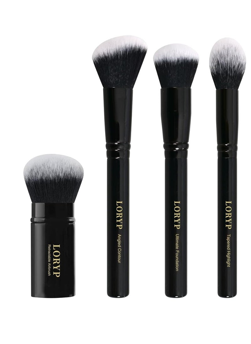 LORYP 4 Pcs Full Face Professional Makeup Brushes Set with Retractable Kabuki Airbrush For Powder,Liquid,Cream,Angled Blush Brush, Foundation Brush, Tapered Highlight Brush