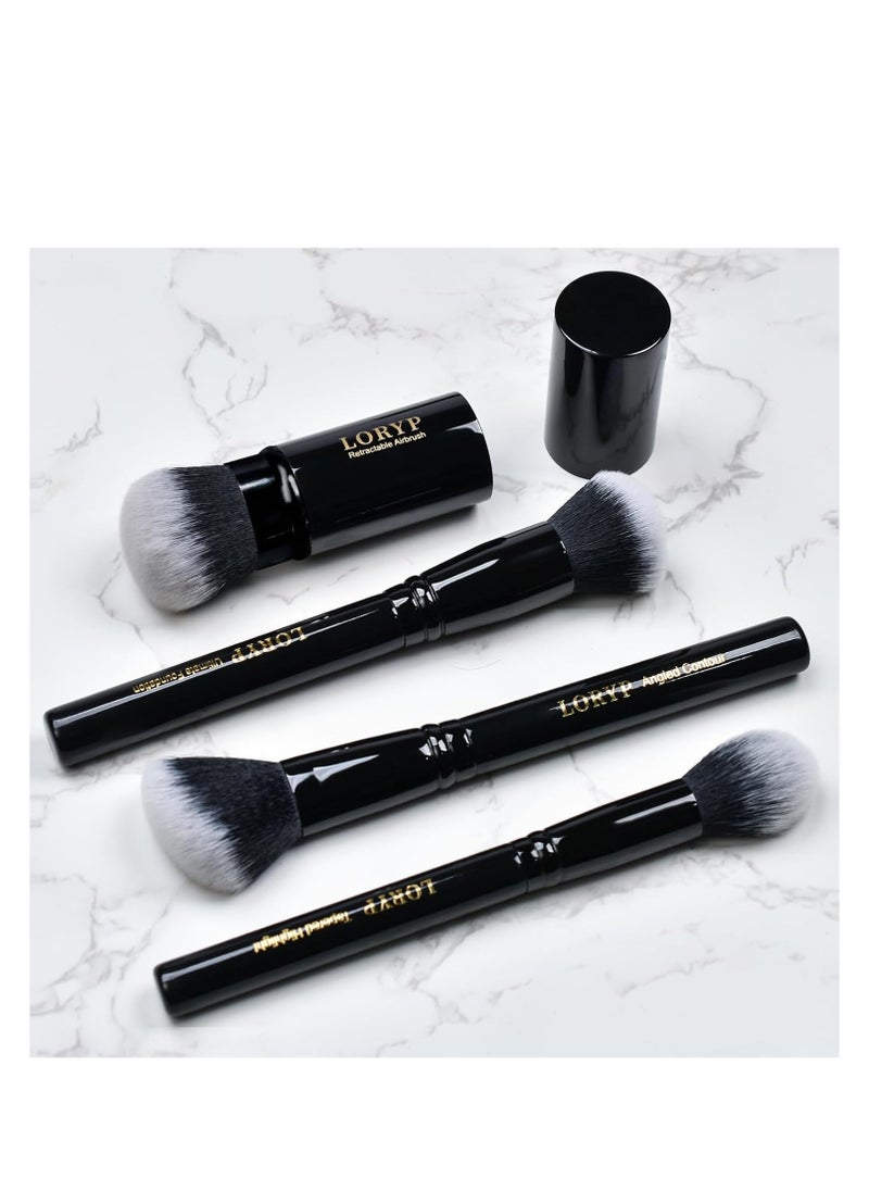 LORYP 4 Pcs Full Face Professional Makeup Brushes Set with Retractable Kabuki Airbrush For Powder,Liquid,Cream,Angled Blush Brush, Foundation Brush, Tapered Highlight Brush