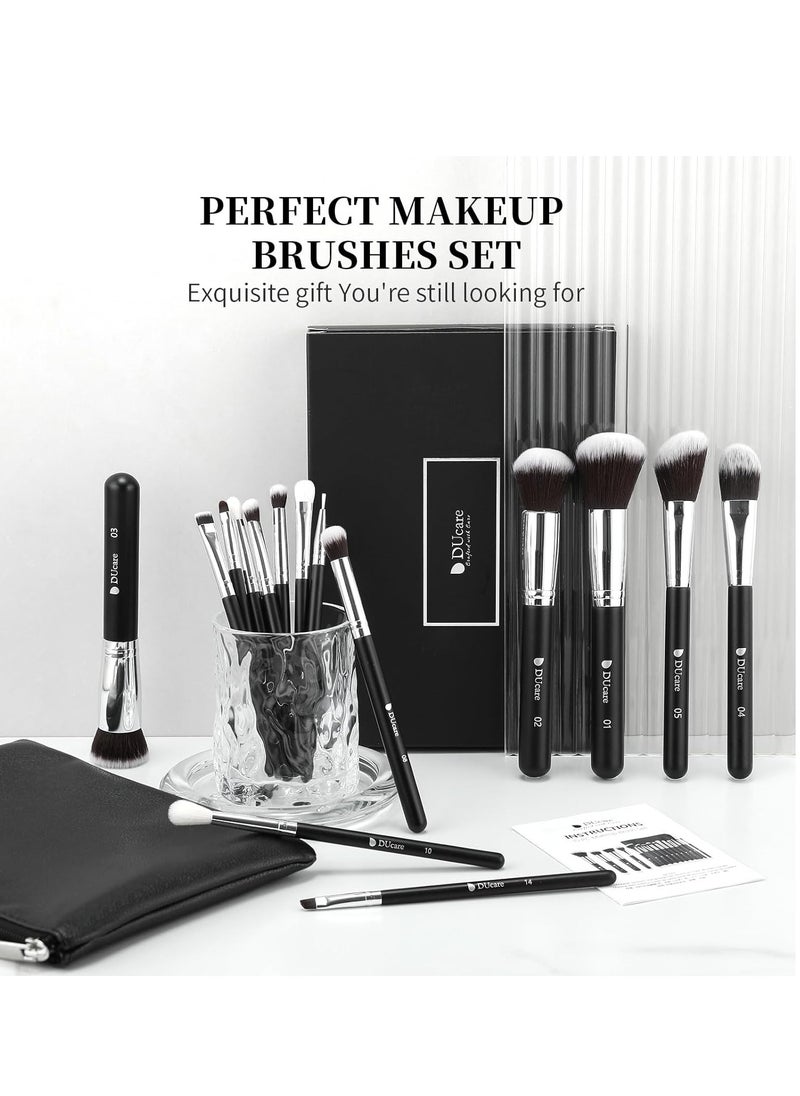 DUcare Makeup Brushes with Bag,15Pcs Makeup Brush Set Christmas Gift Travel Kabuki Foundation Blending Blush Eyeliner Shadow Brow Concealer Brushes Kit Black