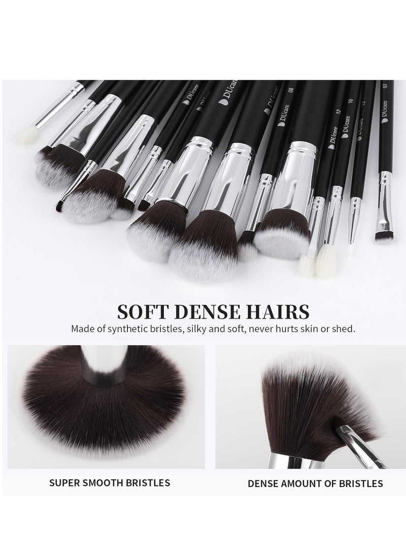 DUcare Makeup Brushes with Bag,15Pcs Makeup Brush Set Christmas Gift Travel Kabuki Foundation Blending Blush Eyeliner Shadow Brow Concealer Brushes Kit Black