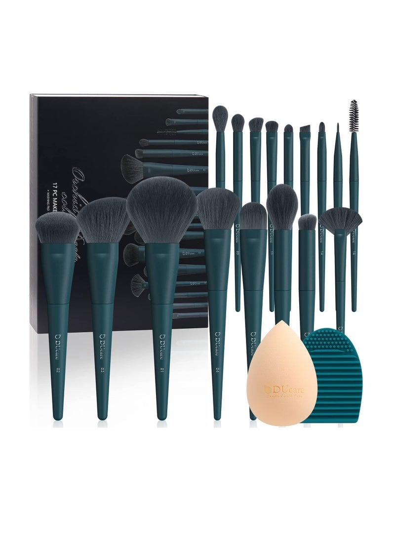 DUcare Makeup Brushes Set 17 Pcs with Brush Cleaning Mat and Makeup Sponge Professional Face Powder Eye Shadow Powder Liquid Cream Kit Gift Box