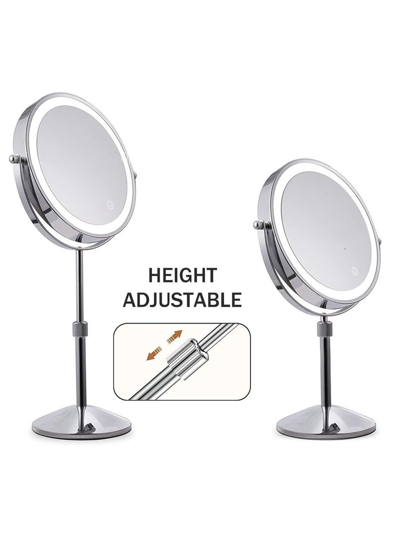 Lighted Makeup Mirror, Dimmable Touch Screen Led Vanity Mirror with 3 Color Lighting, Brightness Adjustable Makeup Mirror, 360° Rotation Rechargeable Double Sided Magnifying Mirror - 1x/10