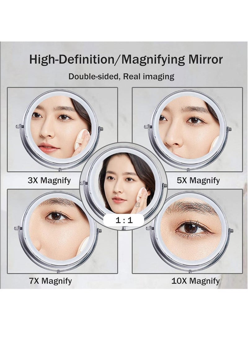 Lighted Makeup Mirror, Dimmable Touch Screen Led Vanity Mirror with 3 Color Lighting, Brightness Adjustable Makeup Mirror, 360° Rotation Rechargeable Double Sided Magnifying Mirror - 1x/10