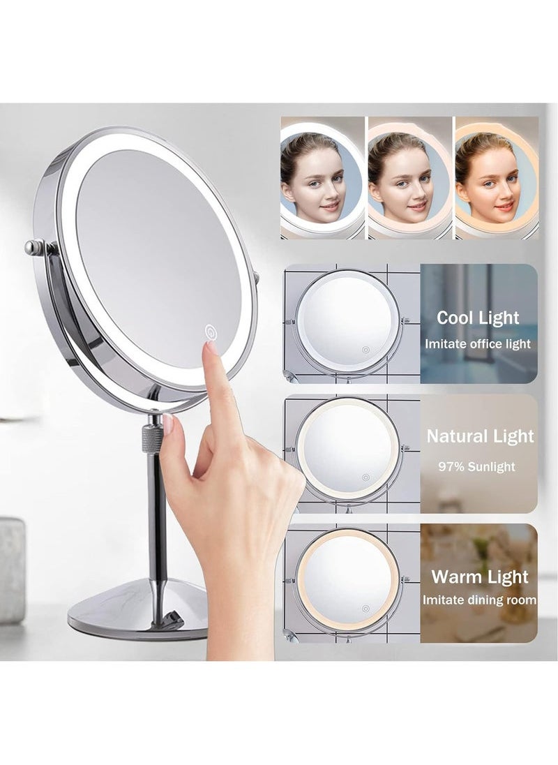 Lighted Makeup Mirror, Dimmable Touch Screen Led Vanity Mirror with 3 Color Lighting, Brightness Adjustable Makeup Mirror, 360° Rotation Rechargeable Double Sided Magnifying Mirror - 1x/10