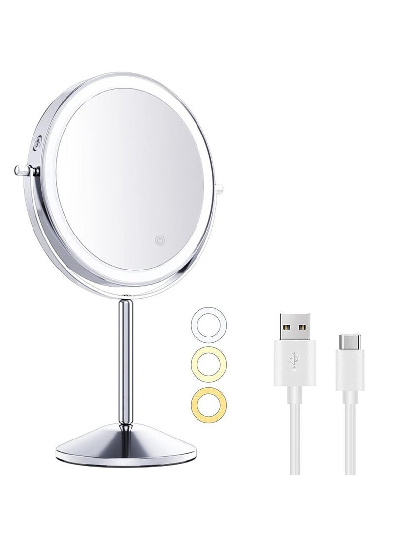 Lighted Makeup Mirror, Dimmable Touch Screen Led Vanity Mirror with 3 Color Lighting, Brightness Adjustable Makeup Mirror, 360° Rotation Rechargeable Double Sided Magnifying Mirror - 1x/10